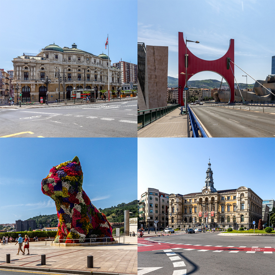 Four location choices - Top left Teatro Arriaga  Top Right - La Puente de La Salve, Bottom Left  The Puppy  Bottom Right Bilbao’s City Hall the Ayuntamiento